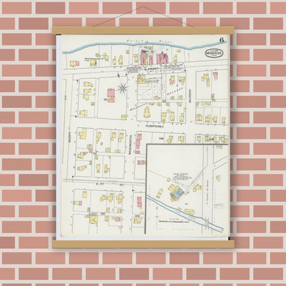 Old map wall art mockup — magnetic wood frame on brick wall — Sanborn Fire Insurance Map from Monroe, Monroe County, Michigan (1893), Sheet #0006