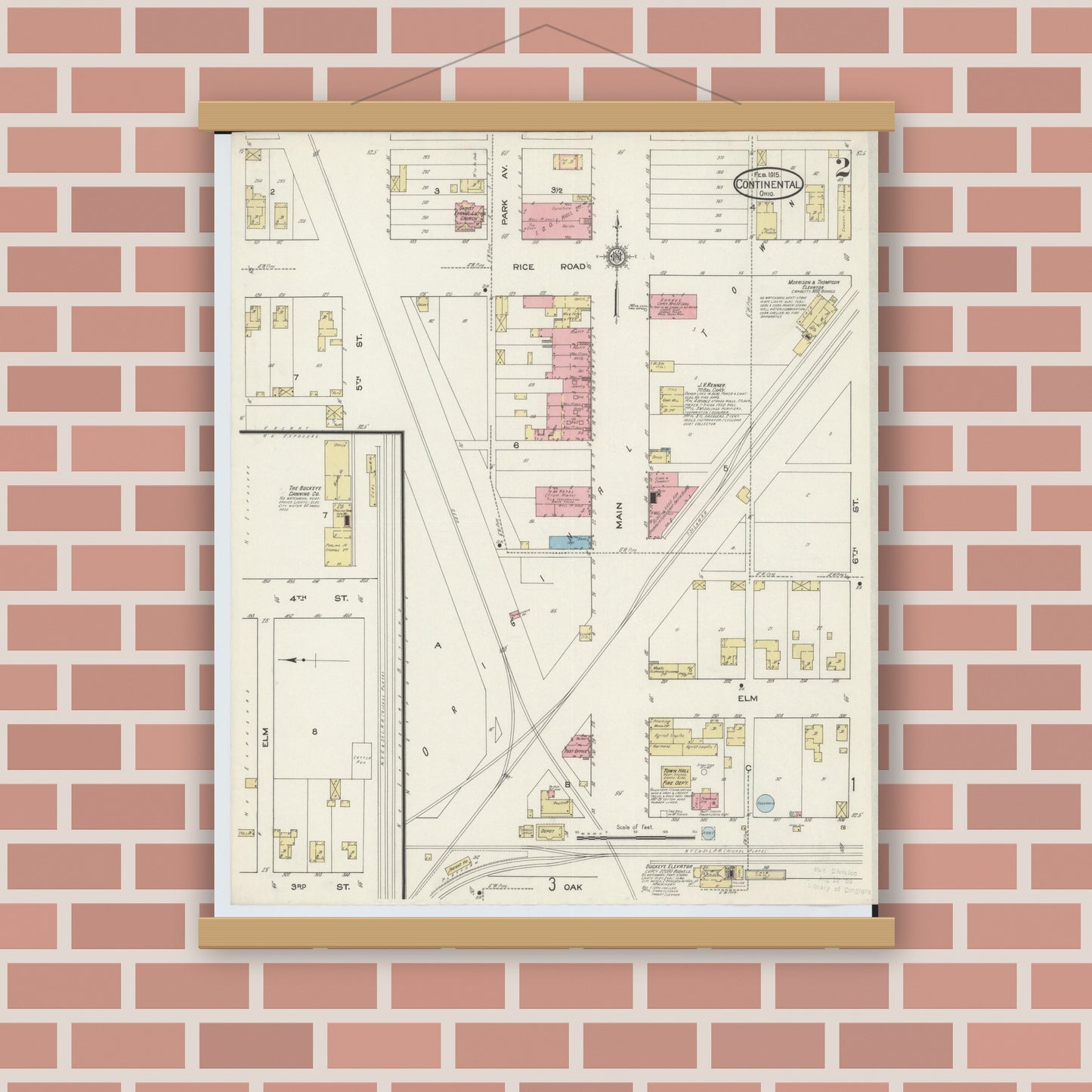 Old map wall art mockup — magnetic wood frame on brick wall — Sanborn Fire Insurance Map from Continental, Putnam County, Ohio (1915), Sheet #0002