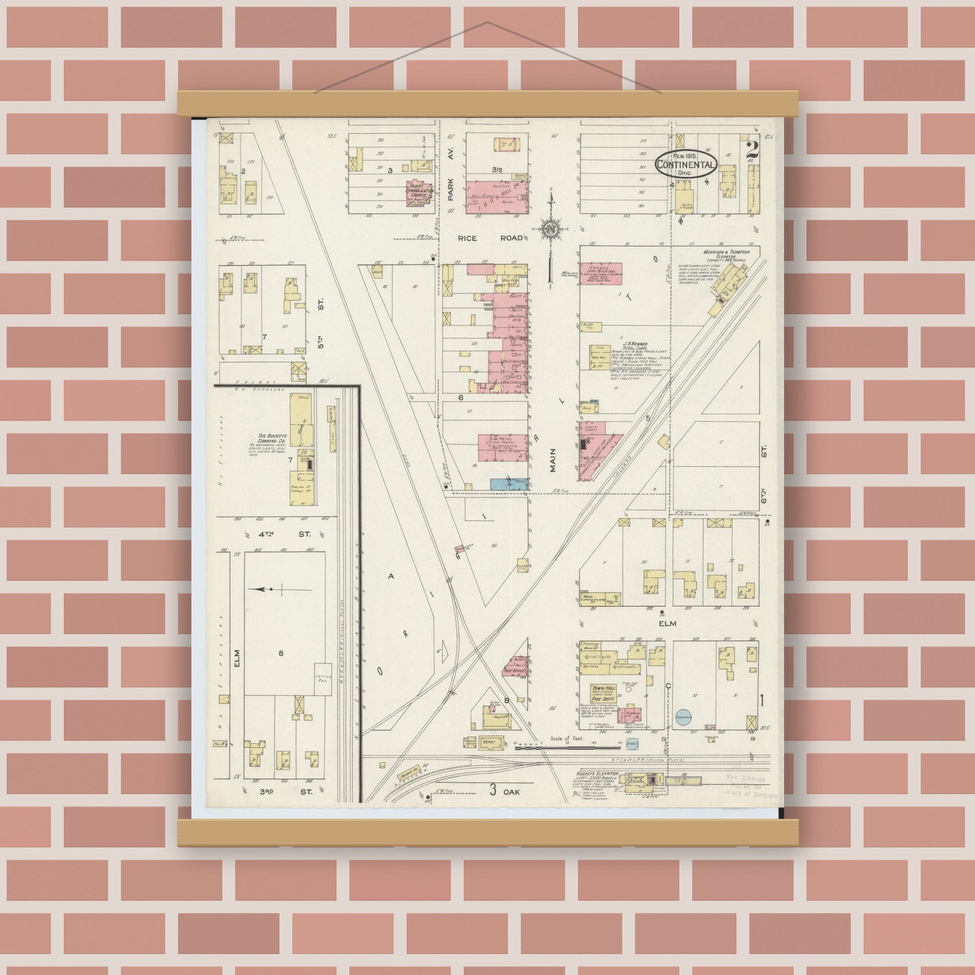 Old map wall art mockup — magnetic wood frame on brick wall — Sanborn Fire Insurance Map from Continental, Putnam County, Ohio (1915), Sheet #0002