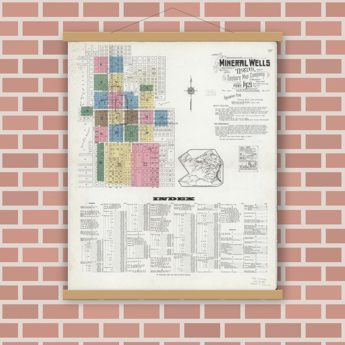 Old map wall art mockup — magnetic wood frame on brick wall — Sanborn Fire Insurance Map from Mineral Wells, Palo Pinto County, Texas (1921), Sheet #0001