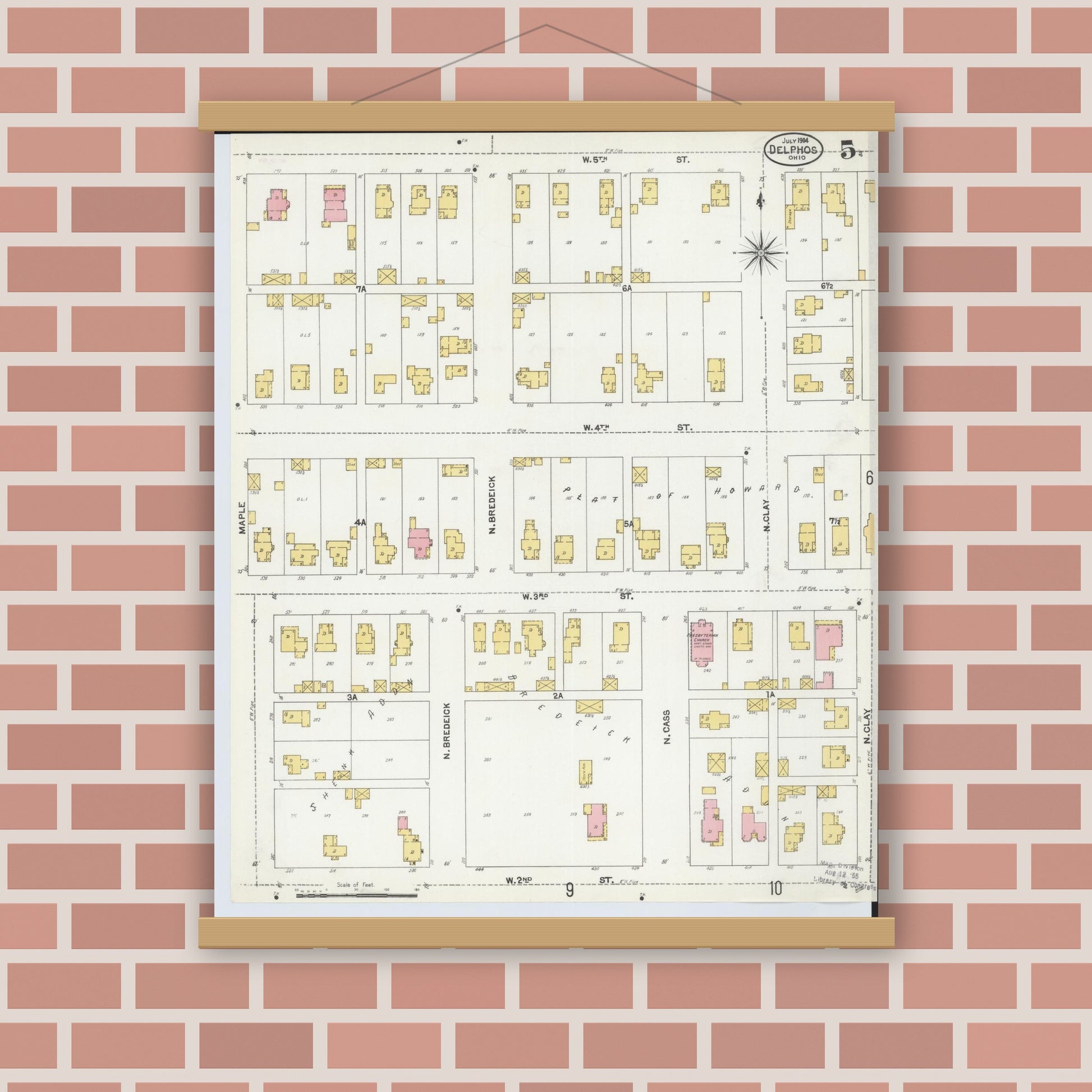 Old map wall art mockup — magnetic wood frame on brick wall — Sanborn Fire Insurance Map from Delphos, Van Wert And Allen Counties, Ohio (1904), Sheet #0005