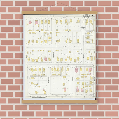 Old map wall art mockup — magnetic wood frame on brick wall — Sanborn Fire Insurance Map from Delphos, Van Wert And Allen Counties, Ohio (1904), Sheet #0005