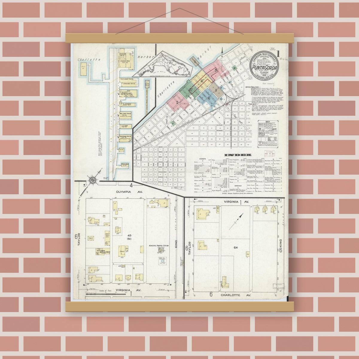 Old map wall art mockup — magnetic wood frame on brick wall — Sanborn Fire Insurance Map from Punta Gorda, Charlotte County, Florida (1914) - Complete Map Set