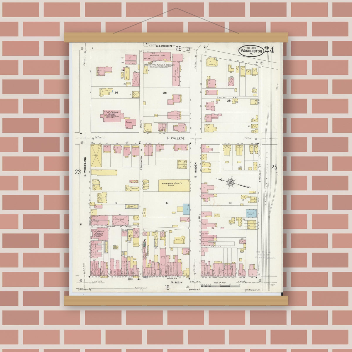 Old map wall art mockup — magnetic wood frame on brick wall — Sanborn Fire Insurance Map from Washington, Washington County, Pennsylvania (1909), Sheet #0024