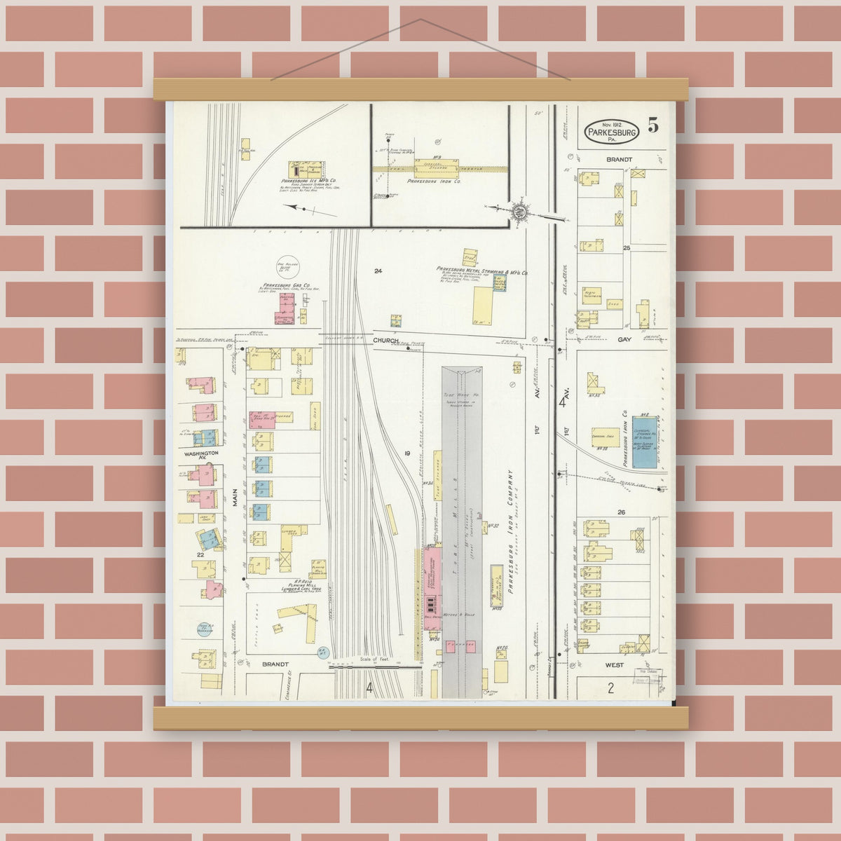 Old map wall art mockup — magnetic wood frame on brick wall — Sanborn Fire Insurance Map from Parkesburg, Chester County, Pennsylvania (1912), Sheet #0005