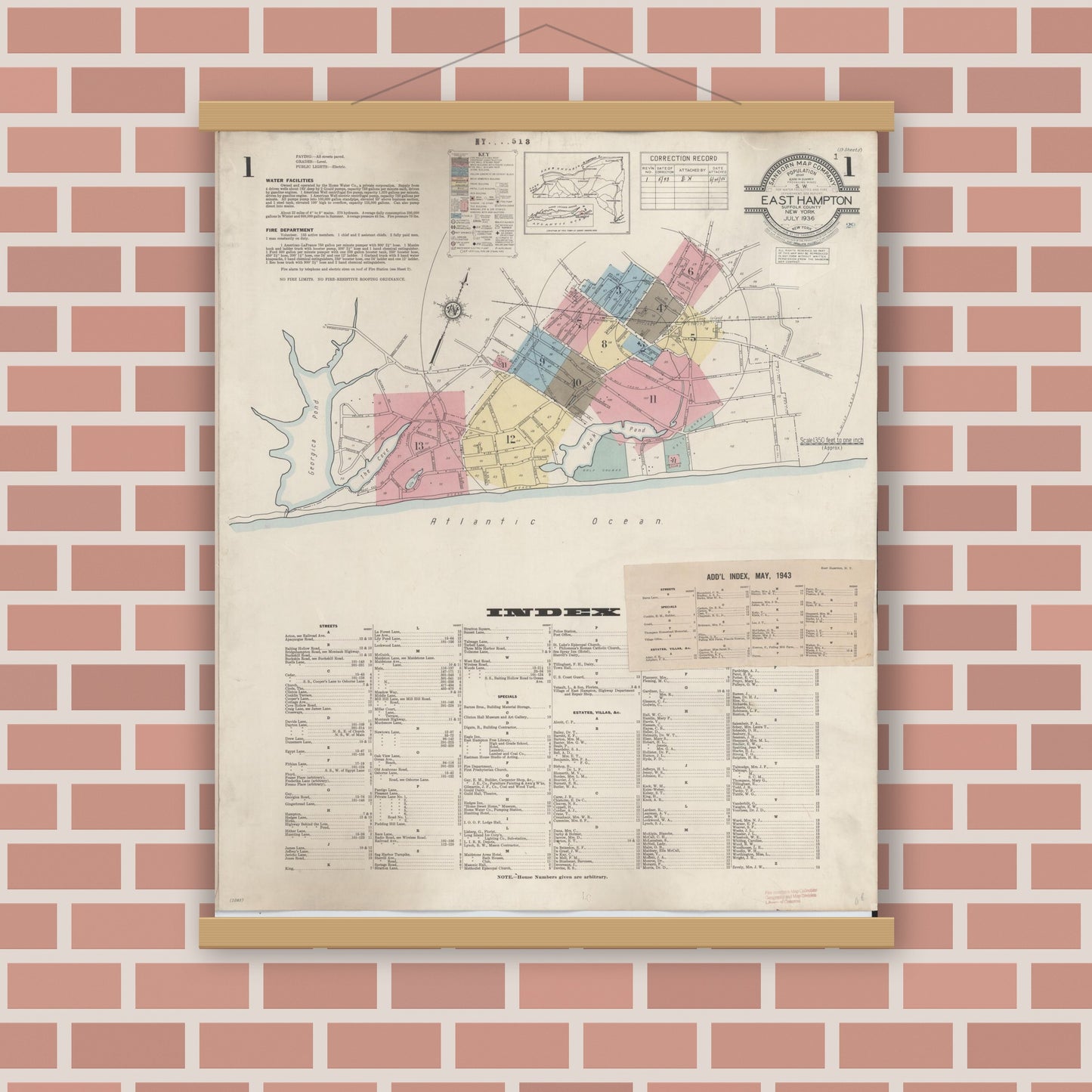 Old map wall art mockup — magnetic wood frame on brick wall — Sanborn Fire Insurance Map from Easthampton, Suffolk County, New York (1943) - Complete Map Set