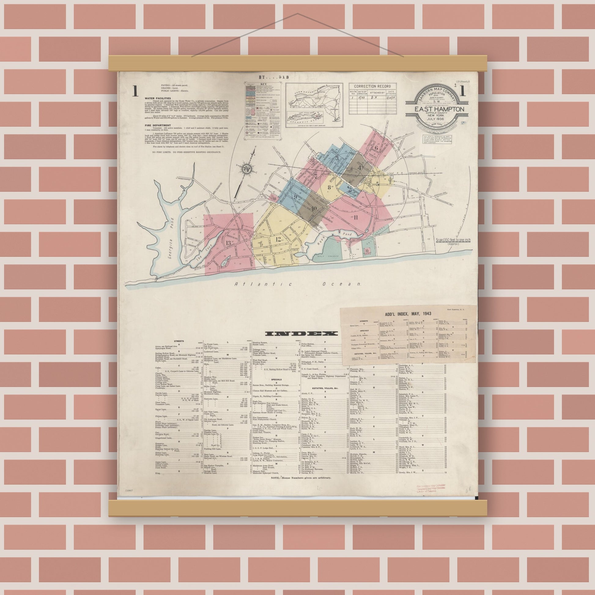 Old map wall art mockup — magnetic wood frame on brick wall — Sanborn Fire Insurance Map from Easthampton, Suffolk County, New York (1943) - Complete Map Set
