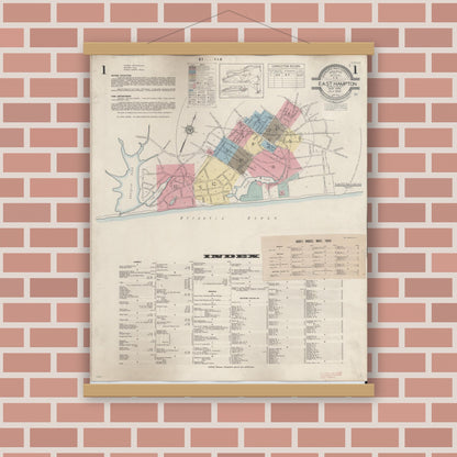 Old map wall art mockup — magnetic wood frame on brick wall — Sanborn Fire Insurance Map from Easthampton, Suffolk County, New York (1943) - Complete Map Set