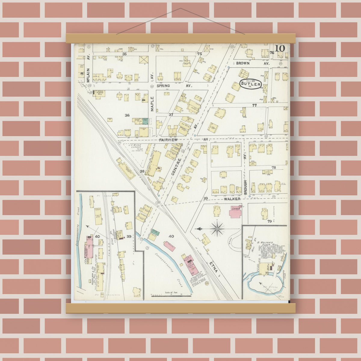 Old map wall art mockup — magnetic wood frame on brick wall — Sanborn Fire Insurance Map from Butler, Butler County, Pennsylvania (1891), Sheet #0010