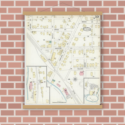 Old map wall art mockup — magnetic wood frame on brick wall — Sanborn Fire Insurance Map from Butler, Butler County, Pennsylvania (1891), Sheet #0010