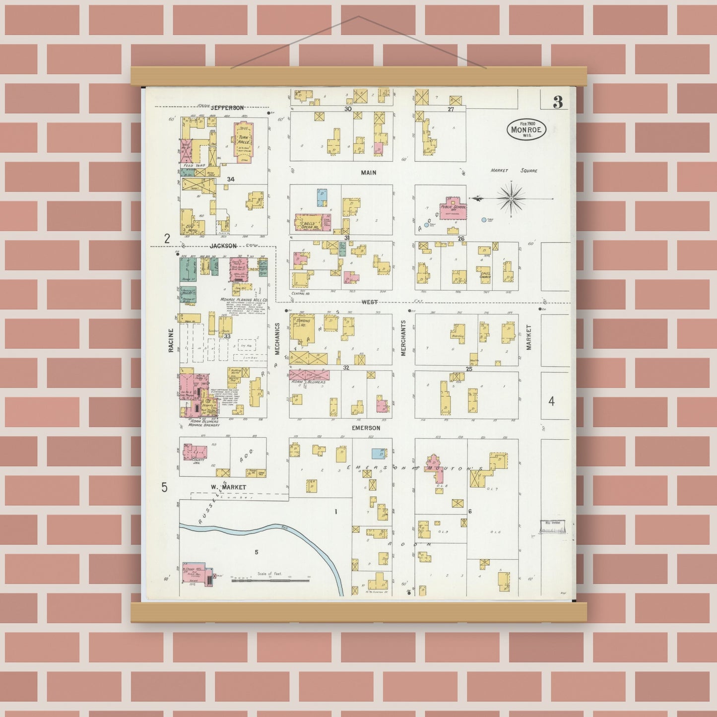 Old map wall art mockup — magnetic wood frame on brick wall — Sanborn Fire Insurance Map from Monroe, Green County, Wisconsin (1900), Sheet #0003