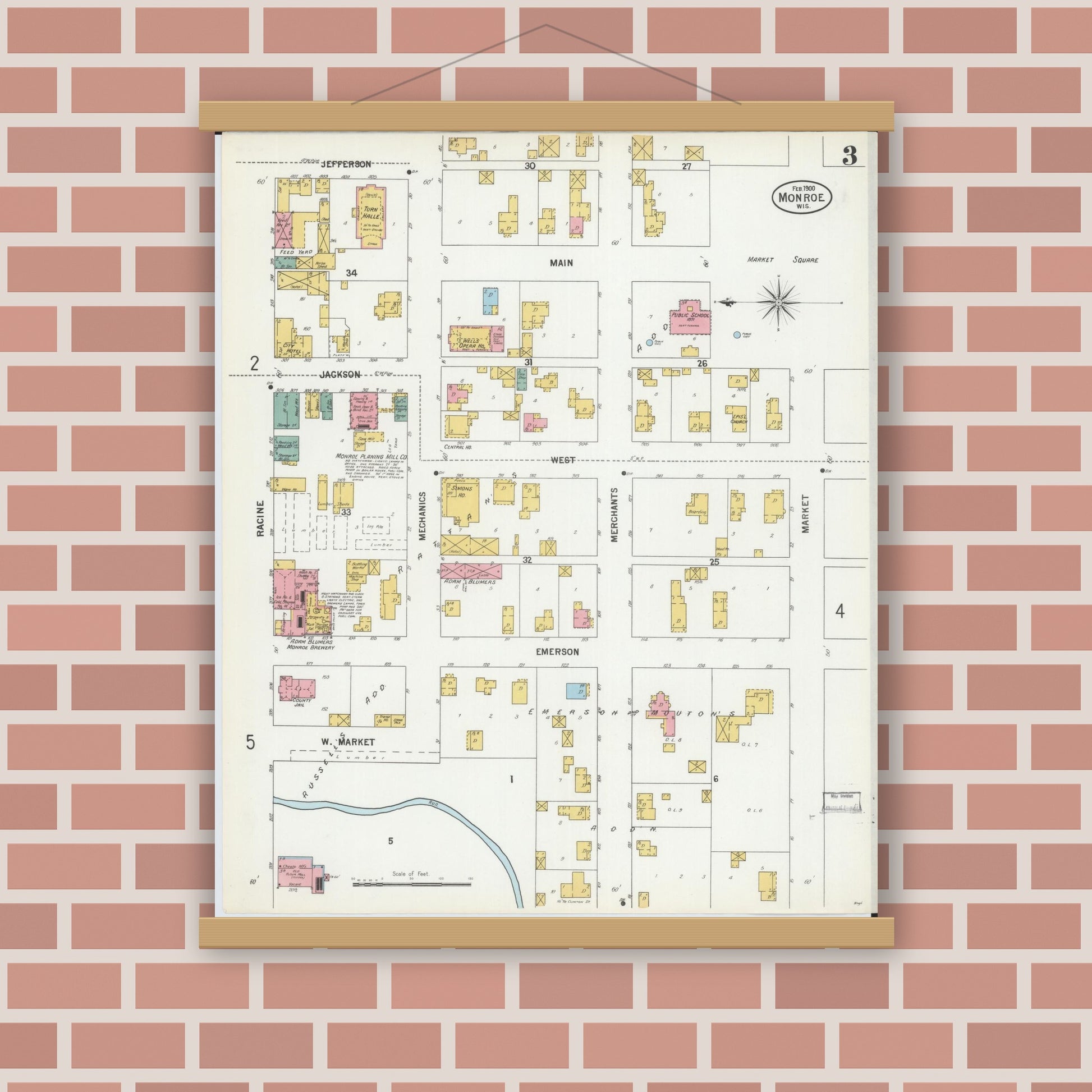 Old map wall art mockup — magnetic wood frame on brick wall — Sanborn Fire Insurance Map from Monroe, Green County, Wisconsin (1900), Sheet #0003