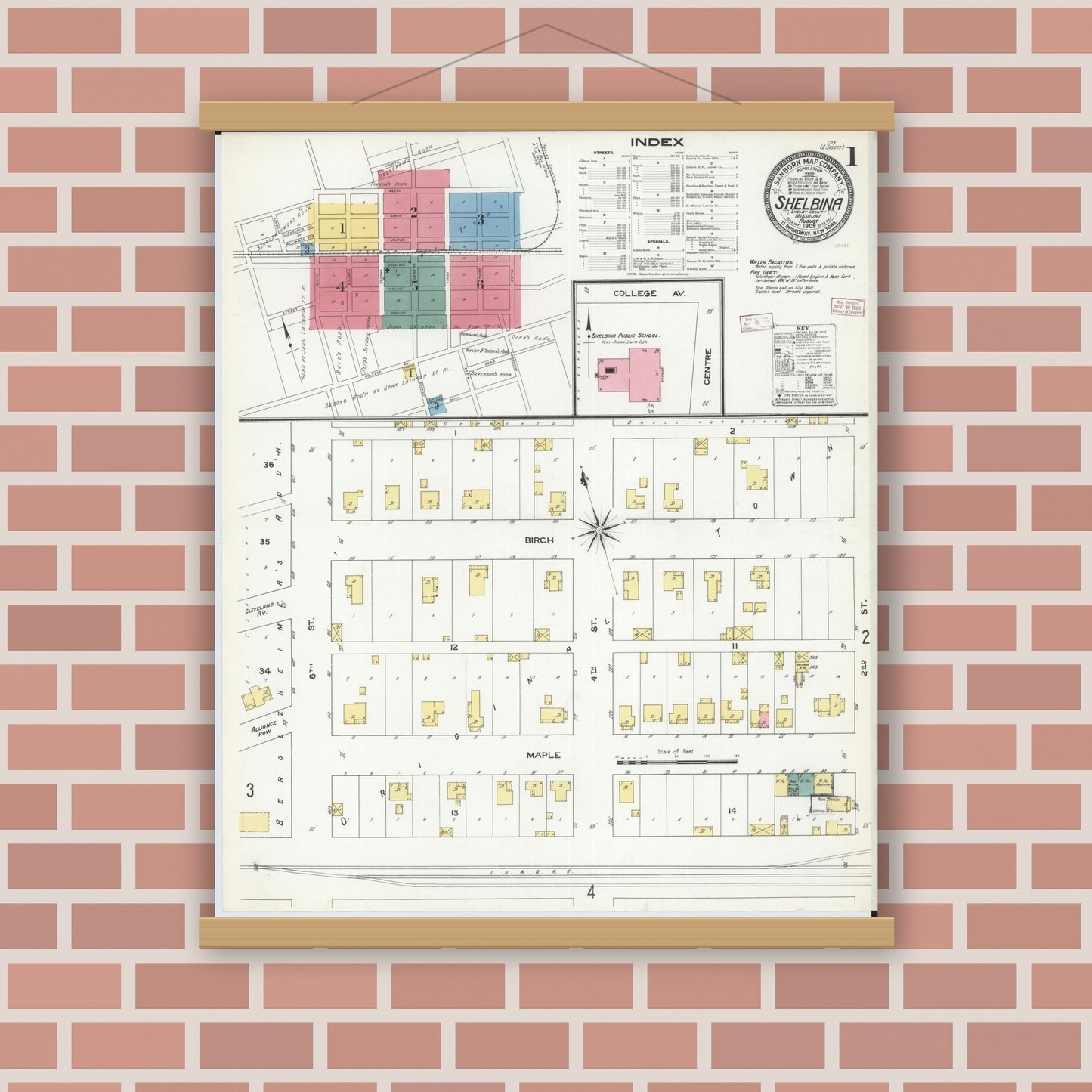 Old map wall art mockup — magnetic wood frame on brick wall — Sanborn Fire Insurance Map from Shelbina, Shelby County, Missouri (1909), Sheet #0001