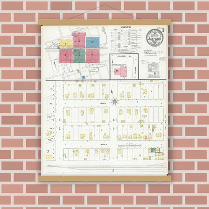 Old map wall art mockup — magnetic wood frame on brick wall — Sanborn Fire Insurance Map from Shelbina, Shelby County, Missouri (1909), Sheet #0001