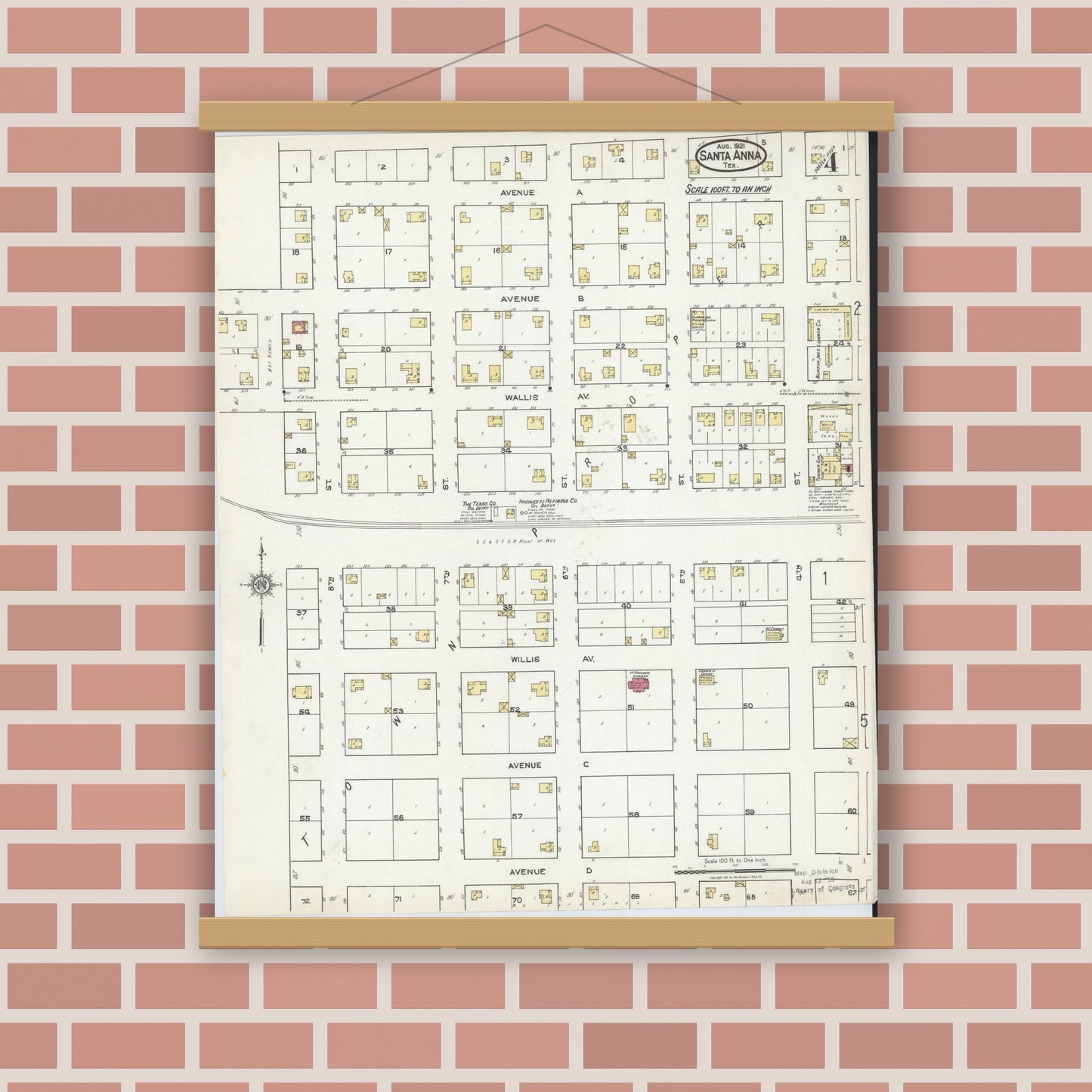 Old map wall art mockup — magnetic wood frame on brick wall — Sanborn Fire Insurance Map from Santa Anna, Coleman County, Texas (1921), Sheet #0004