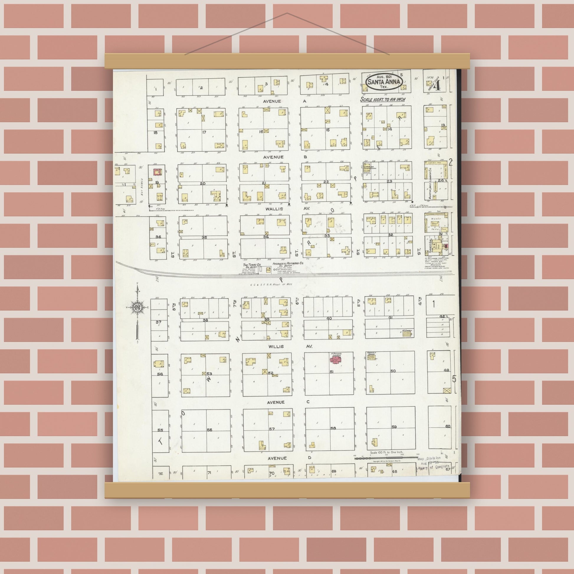 Old map wall art mockup — magnetic wood frame on brick wall — Sanborn Fire Insurance Map from Santa Anna, Coleman County, Texas (1921), Sheet #0004