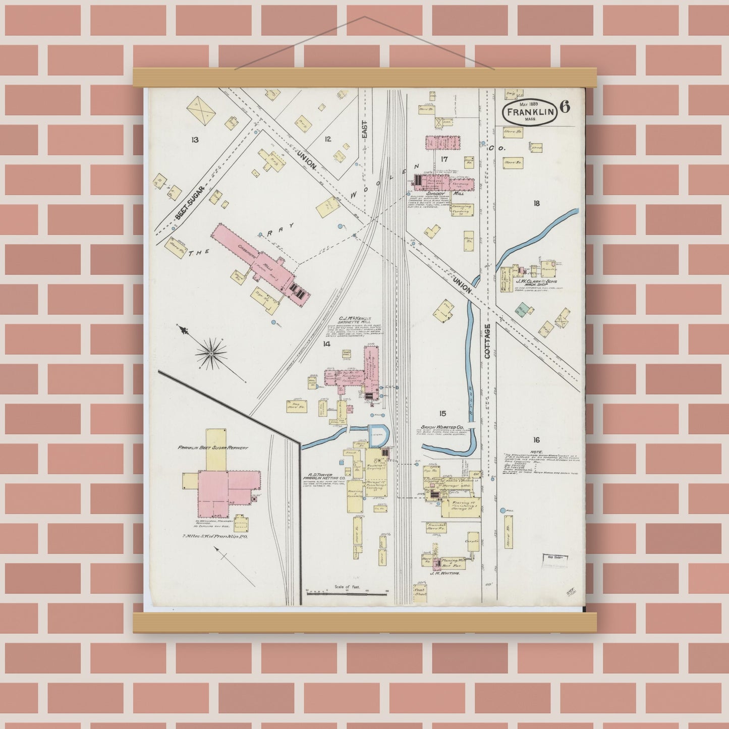 Old map wall art mockup — magnetic wood frame on brick wall — Sanborn Fire Insurance Map from Franklin, Norfolk County, Massachusetts (1889), Sheet #0006
