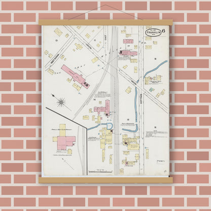Old map wall art mockup — magnetic wood frame on brick wall — Sanborn Fire Insurance Map from Franklin, Norfolk County, Massachusetts (1889), Sheet #0006