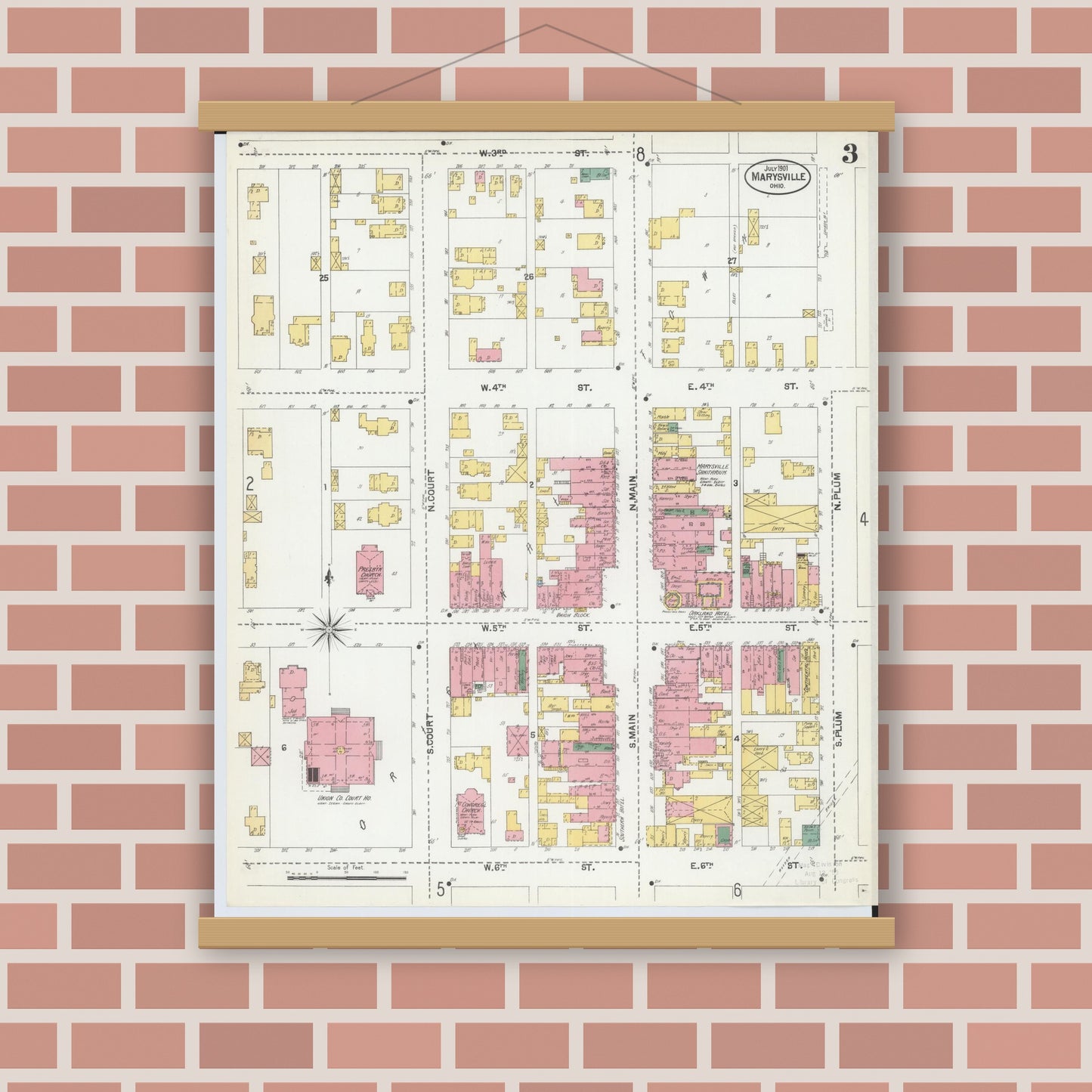 Old map wall art mockup — magnetic wood frame on brick wall — Sanborn Fire Insurance Map from Marysville, Union County, Ohio (1901), Sheet #0003
