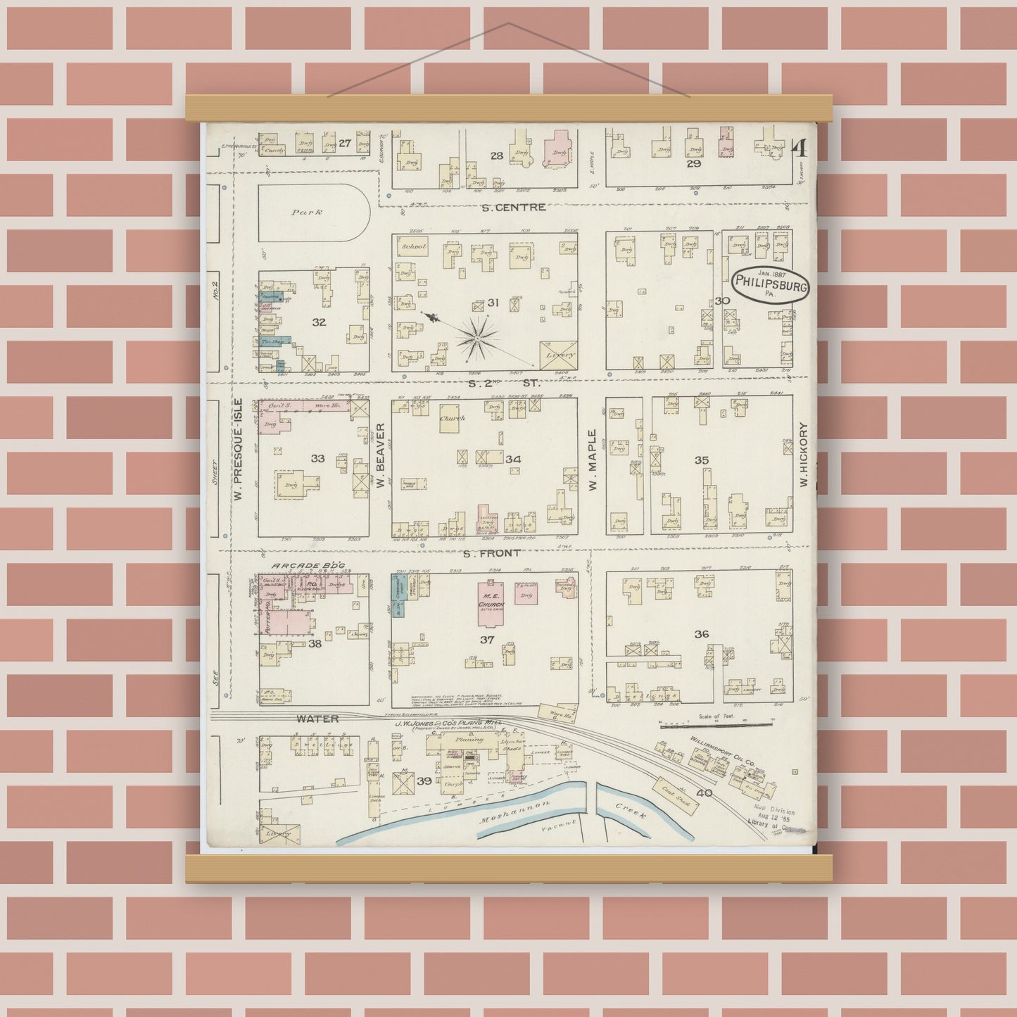 Old map wall art mockup — magnetic wood frame on brick wall — Sanborn Fire Insurance Map from Philipsburg, Centre County, Pennsylvania (1887), Sheet #0004