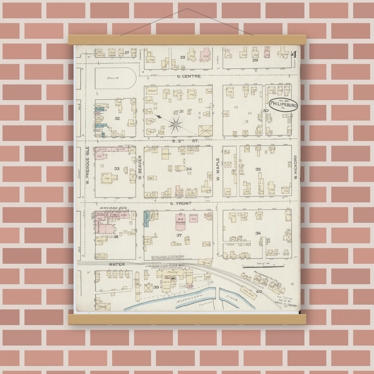 Old map wall art mockup — magnetic wood frame on brick wall — Sanborn Fire Insurance Map from Philipsburg, Centre County, Pennsylvania (1887), Sheet #0004