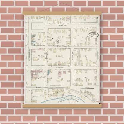 Old map wall art mockup — magnetic wood frame on brick wall — Sanborn Fire Insurance Map from Philipsburg, Centre County, Pennsylvania (1887), Sheet #0004