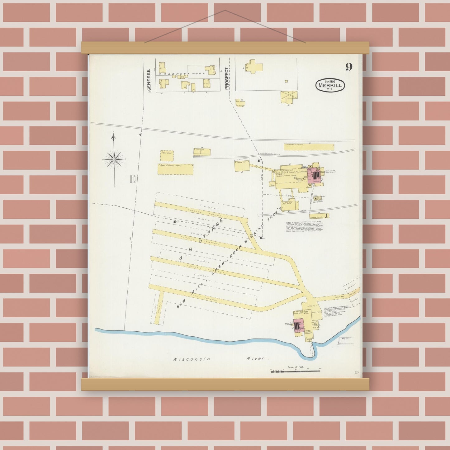 Old map wall art mockup — magnetic wood frame on brick wall — Sanborn Fire Insurance Map from Merrill, Lincoln County, Wisconsin (1892), Sheet #0009