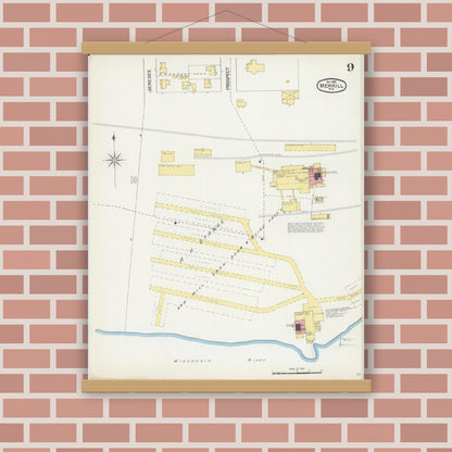 Old map wall art mockup — magnetic wood frame on brick wall — Sanborn Fire Insurance Map from Merrill, Lincoln County, Wisconsin (1892), Sheet #0009