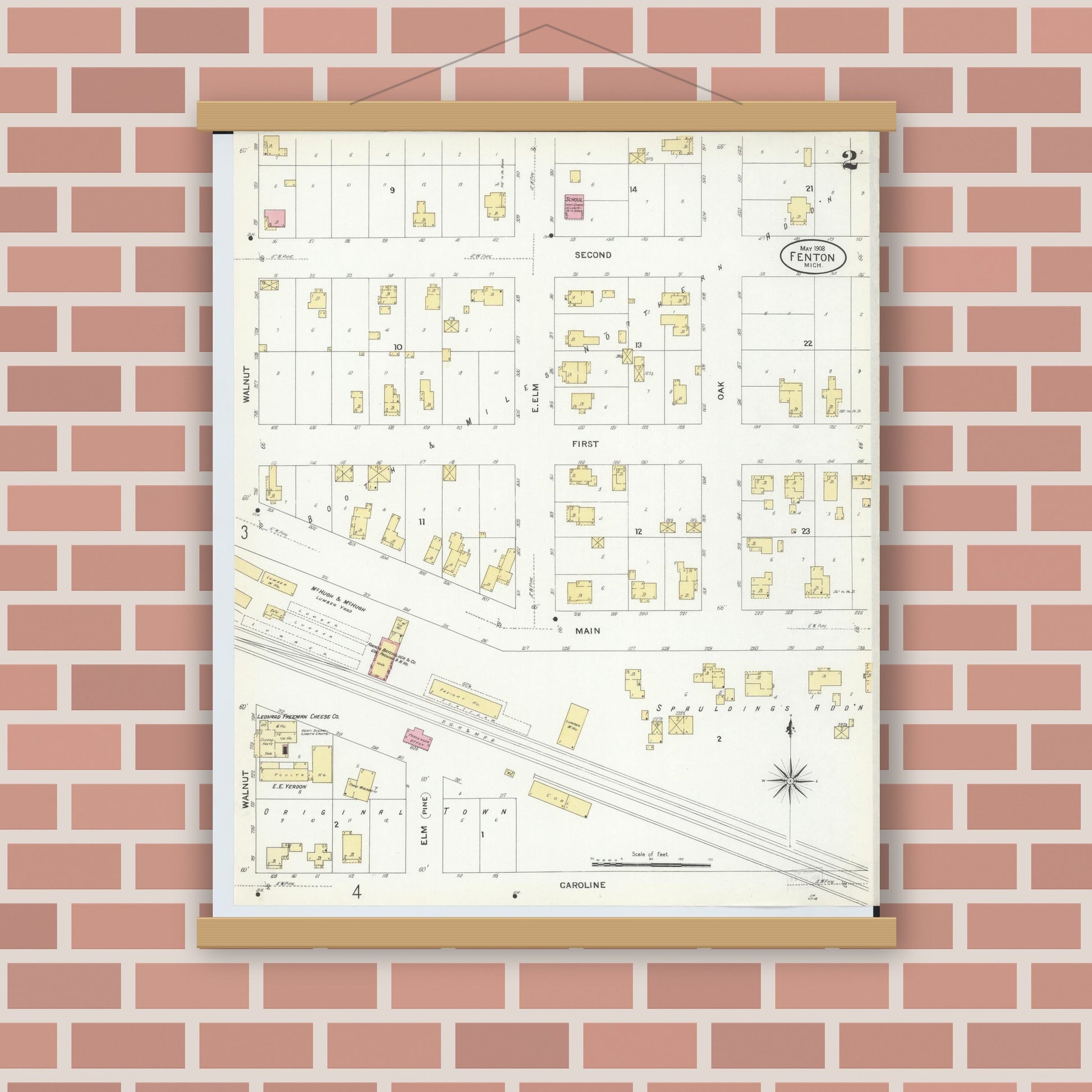 Old map wall art mockup — magnetic wood frame on brick wall — Sanborn Fire Insurance Map from Fenton, Genesee County, Michigan (1908), Sheet #0002