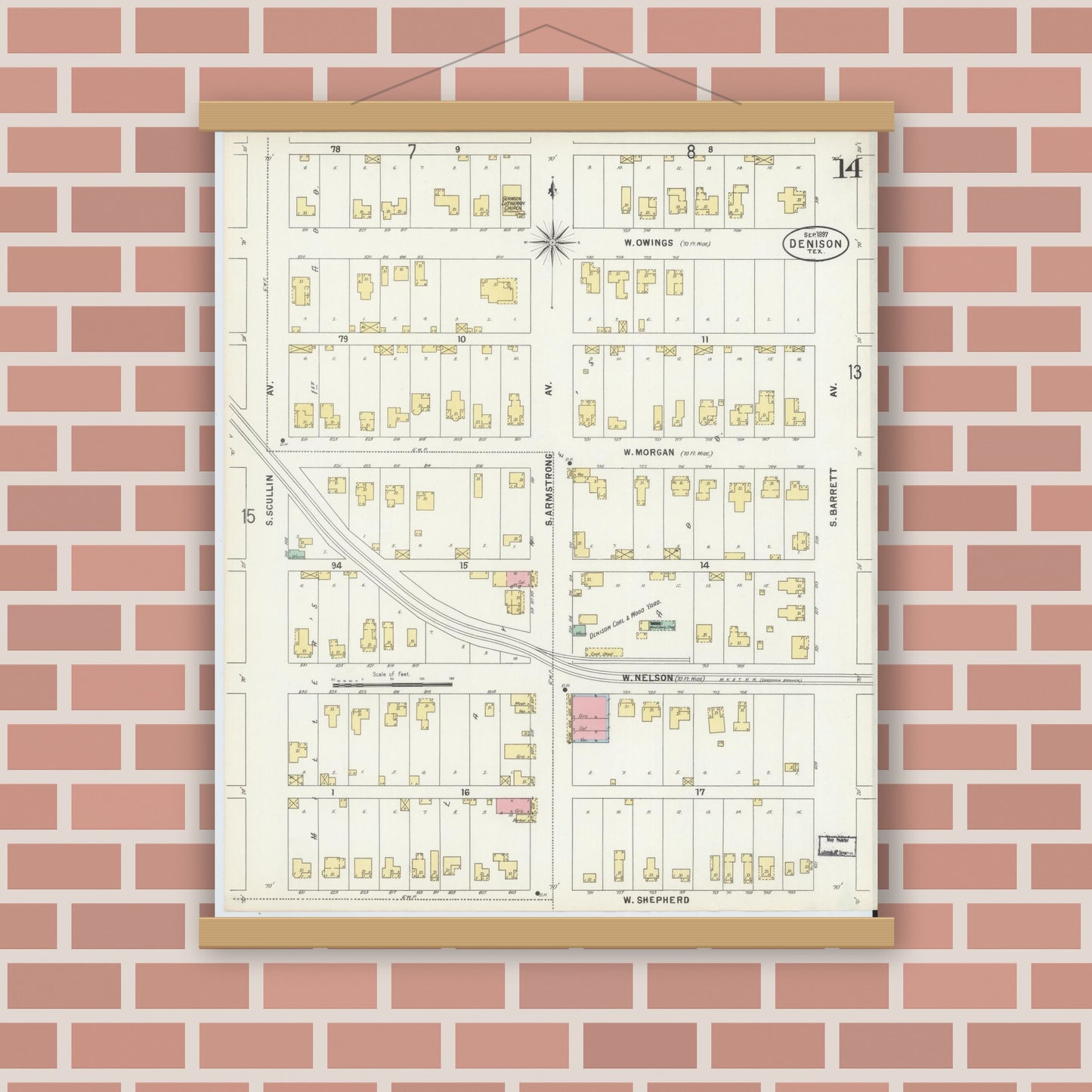 Old map wall art mockup — magnetic wood frame on brick wall — Sanborn Fire Insurance Map from Denison, Grayson County, Texas (1897), Sheet #0014