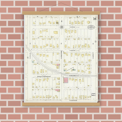 Old map wall art mockup — magnetic wood frame on brick wall — Sanborn Fire Insurance Map from Denison, Grayson County, Texas (1897), Sheet #0014