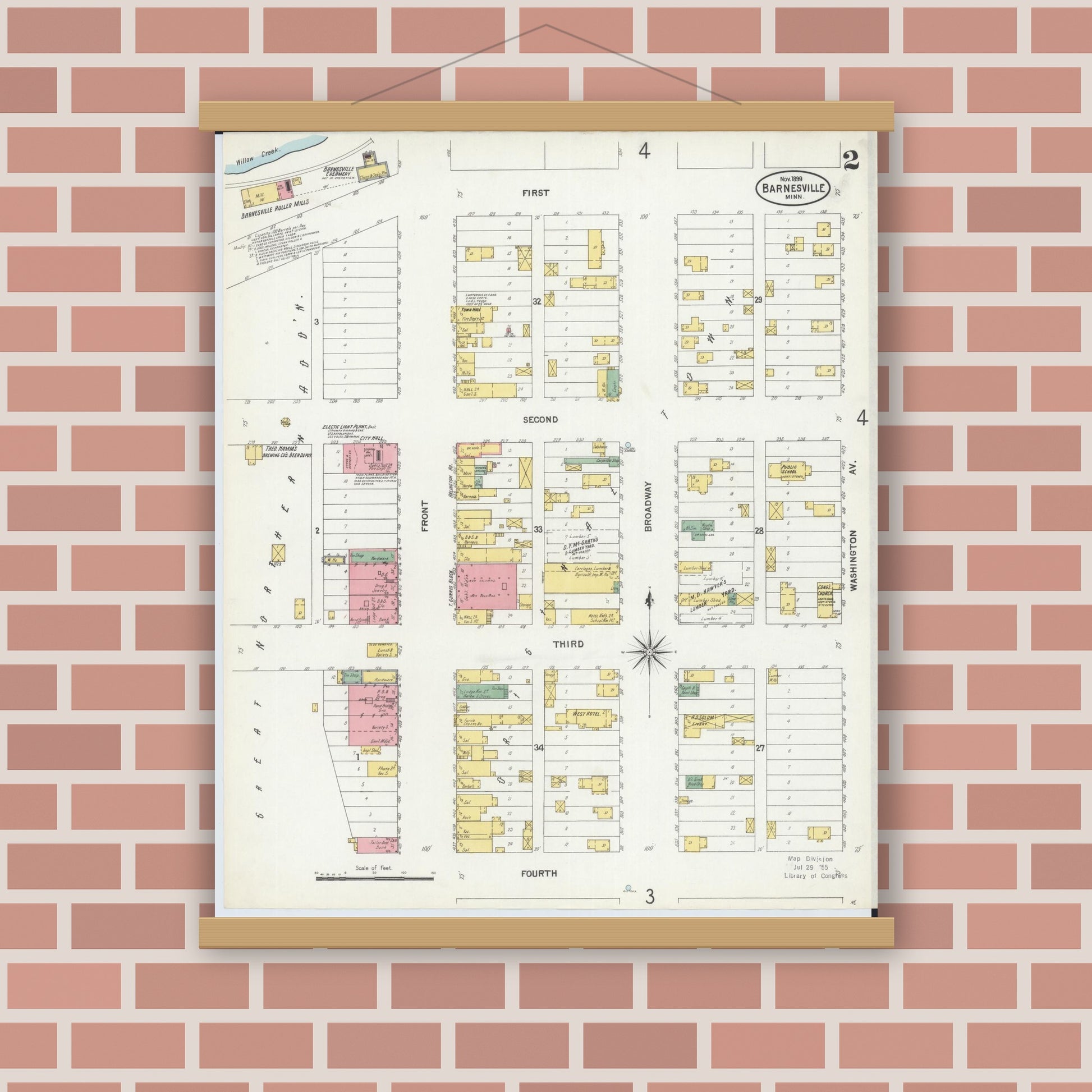 Old map wall art mockup — magnetic wood frame on brick wall — Sanborn Fire Insurance Map from Barnesville, Clay County, Minnesota (1899), Sheet #0002
