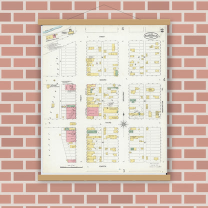 Old map wall art mockup — magnetic wood frame on brick wall — Sanborn Fire Insurance Map from Barnesville, Clay County, Minnesota (1899), Sheet #0002