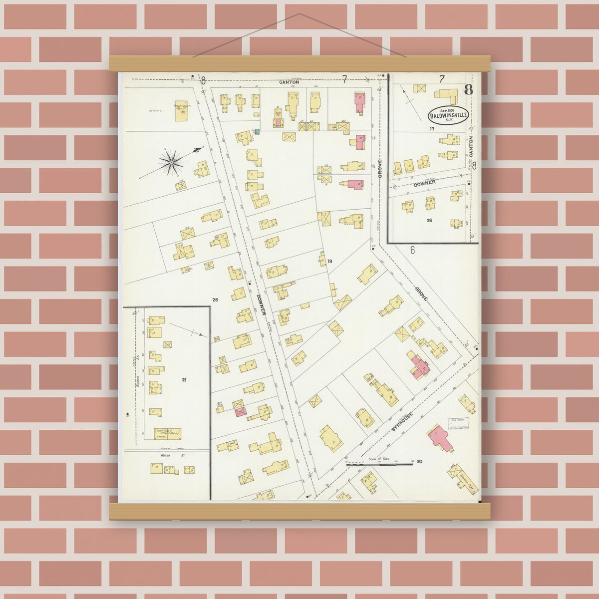 Old map wall art mockup — magnetic wood frame on brick wall — Sanborn Fire Insurance Map from Baldwinsville, Onondaga County, New York (1906), Sheet #0008