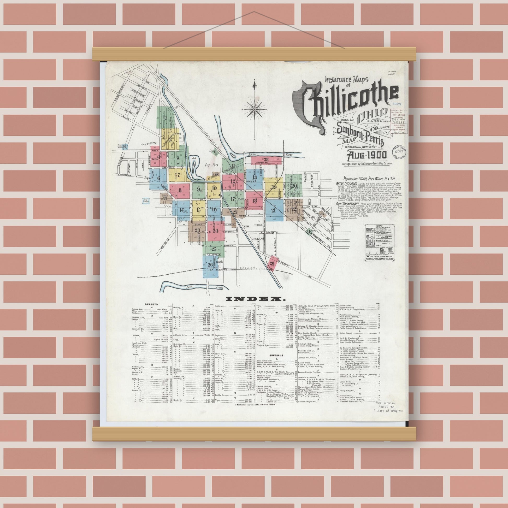 Old map wall art mockup — magnetic wood frame on brick wall — Sanborn Fire Insurance Map from Chillicothe, Ross County, Ohio (1900) - Complete Map Set