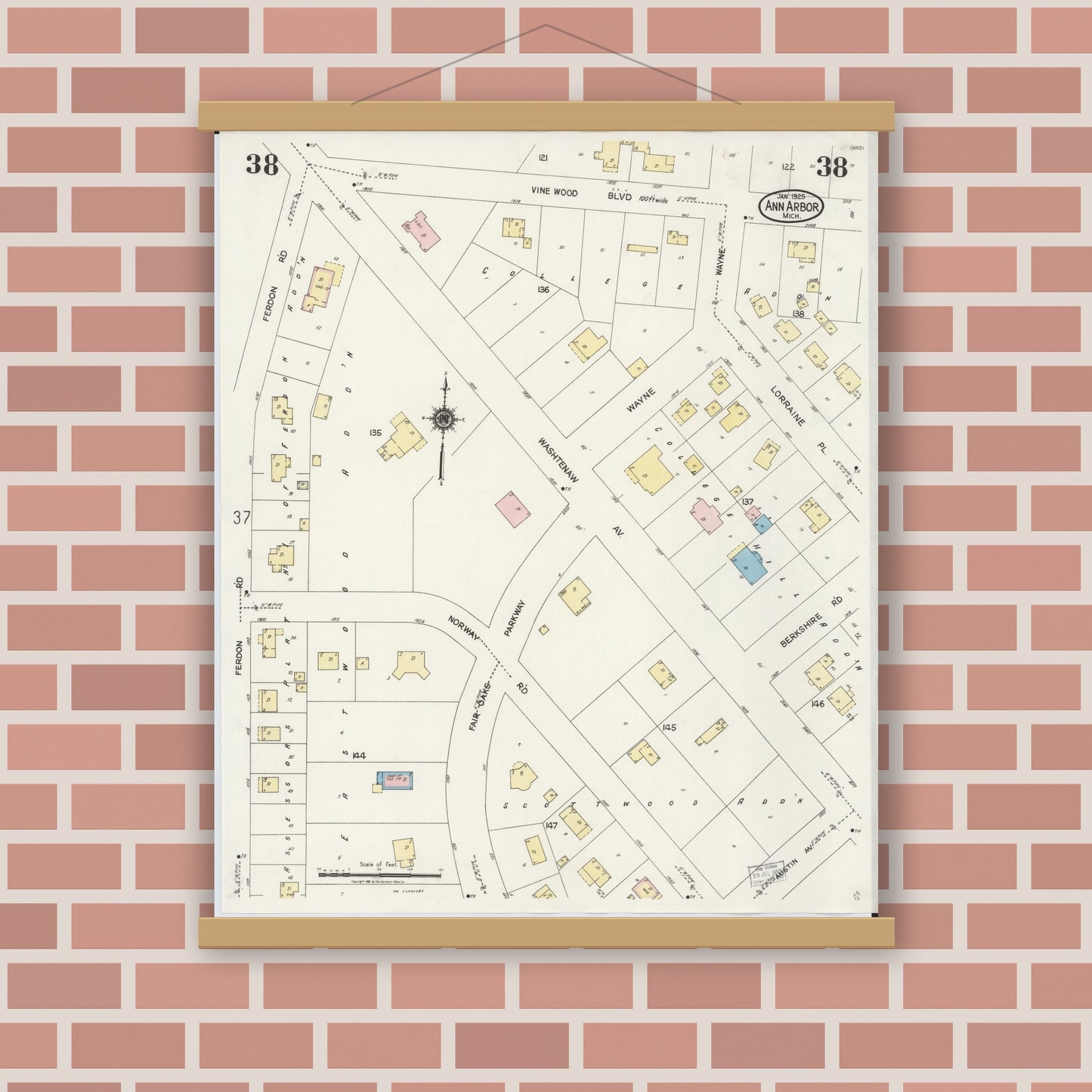 Old map wall art mockup — magnetic wood frame on brick wall — Sanborn Fire Insurance Map from Ann Arbor, Washtenaw County, Michigan (1925), Sheet #0038