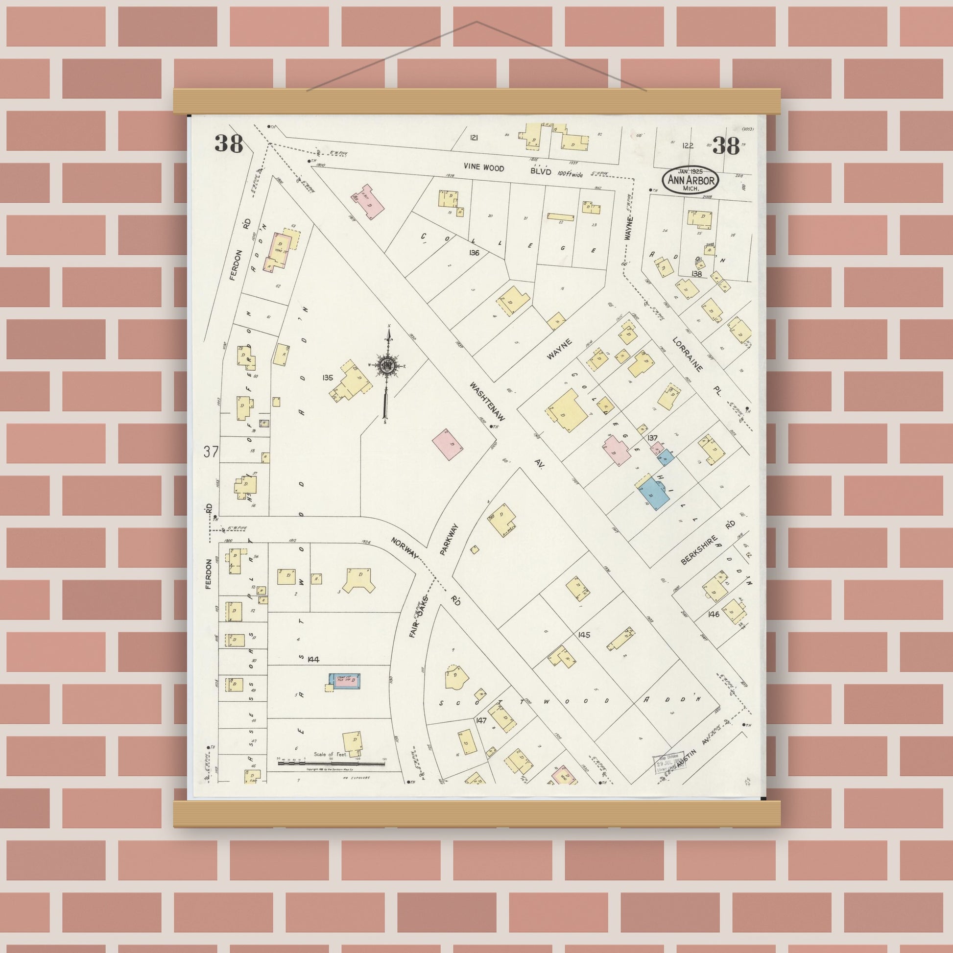 Old map wall art mockup — magnetic wood frame on brick wall — Sanborn Fire Insurance Map from Ann Arbor, Washtenaw County, Michigan (1925), Sheet #0038