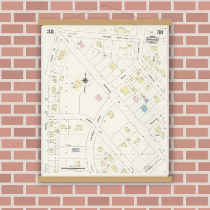 Old map wall art mockup — magnetic wood frame on brick wall — Sanborn Fire Insurance Map from Ann Arbor, Washtenaw County, Michigan (1925), Sheet #0038