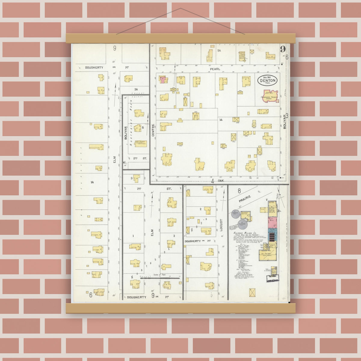 Old map wall art mockup — magnetic wood frame on brick wall — Sanborn Fire Insurance Map from Denton, Denton County, Texas (1901), Sheet #0009