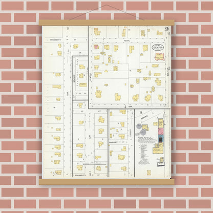 Old map wall art mockup — magnetic wood frame on brick wall — Sanborn Fire Insurance Map from Denton, Denton County, Texas (1901), Sheet #0009