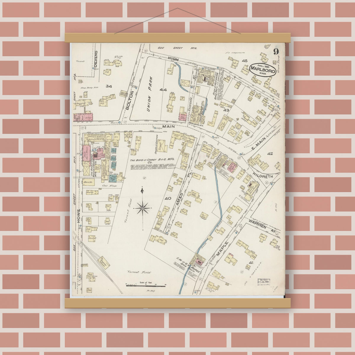 Old map wall art mockup — magnetic wood frame on brick wall — Sanborn Fire Insurance Map from Marlborough, Middlesex County, Massachusetts (1885), Sheet #0009