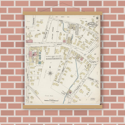 Old map wall art mockup — magnetic wood frame on brick wall — Sanborn Fire Insurance Map from Marlborough, Middlesex County, Massachusetts (1885), Sheet #0009