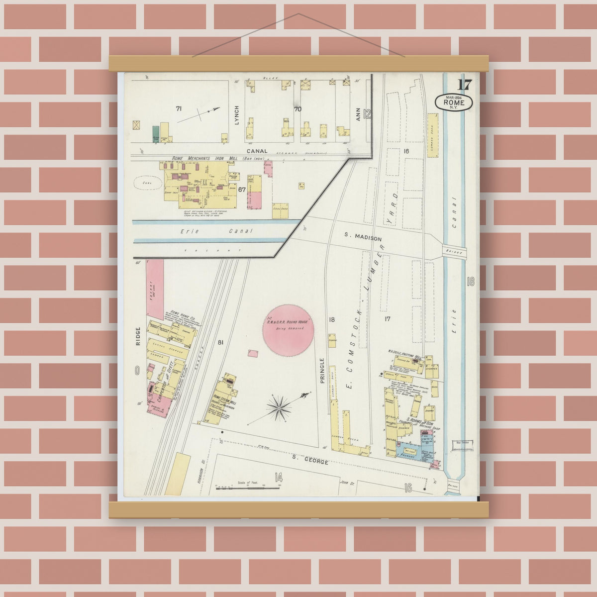 Old map wall art mockup — magnetic wood frame on brick wall — Sanborn Fire Insurance Map from Rome, Oneida County, New York (1894), Sheet #0017