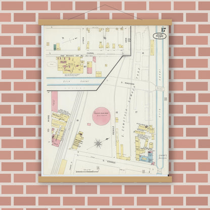 Old map wall art mockup — magnetic wood frame on brick wall — Sanborn Fire Insurance Map from Rome, Oneida County, New York (1894), Sheet #0017
