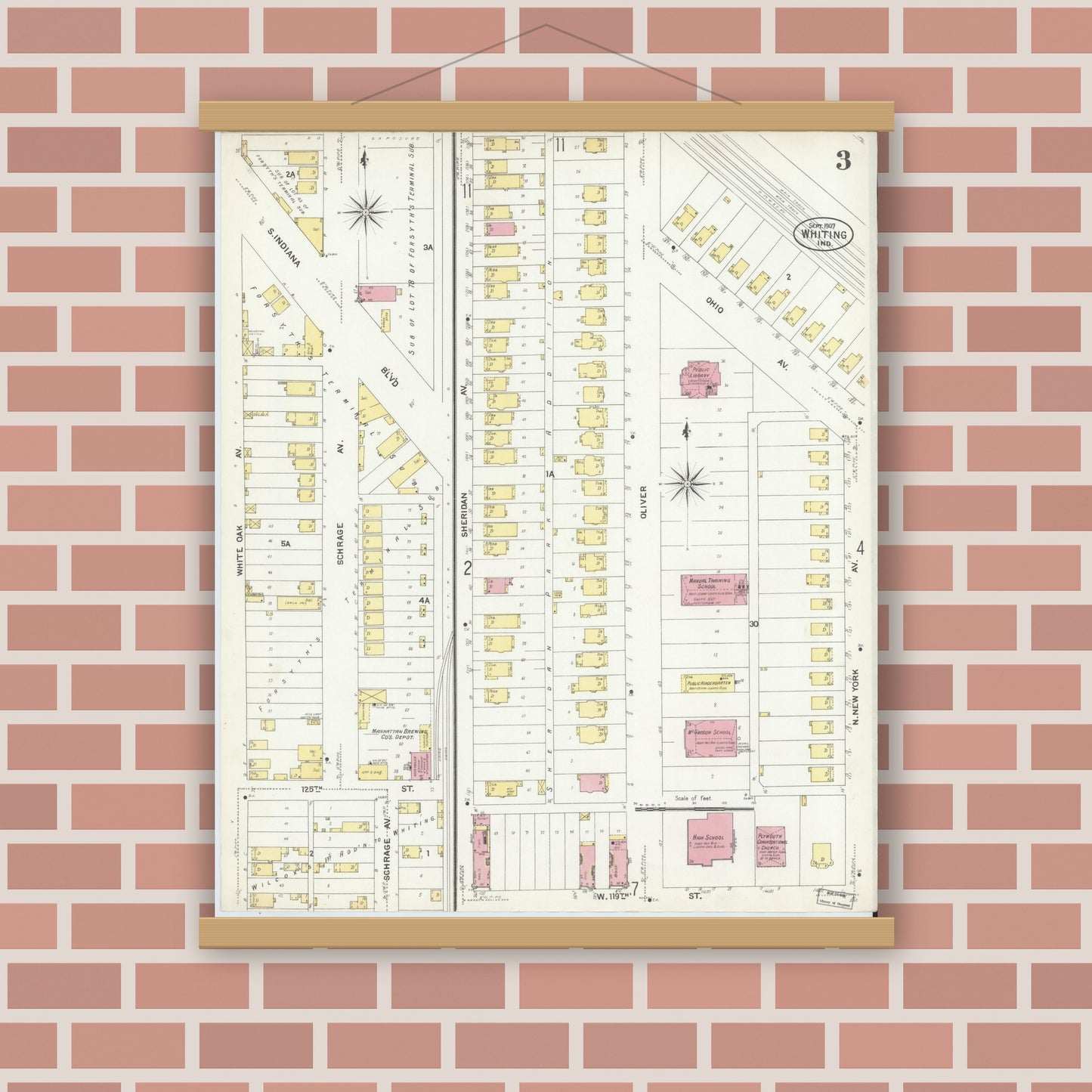 Old map wall art mockup — magnetic wood frame on brick wall — Sanborn Fire Insurance Map from Whiting, Lake County, Indiana (1907), Sheet #0003