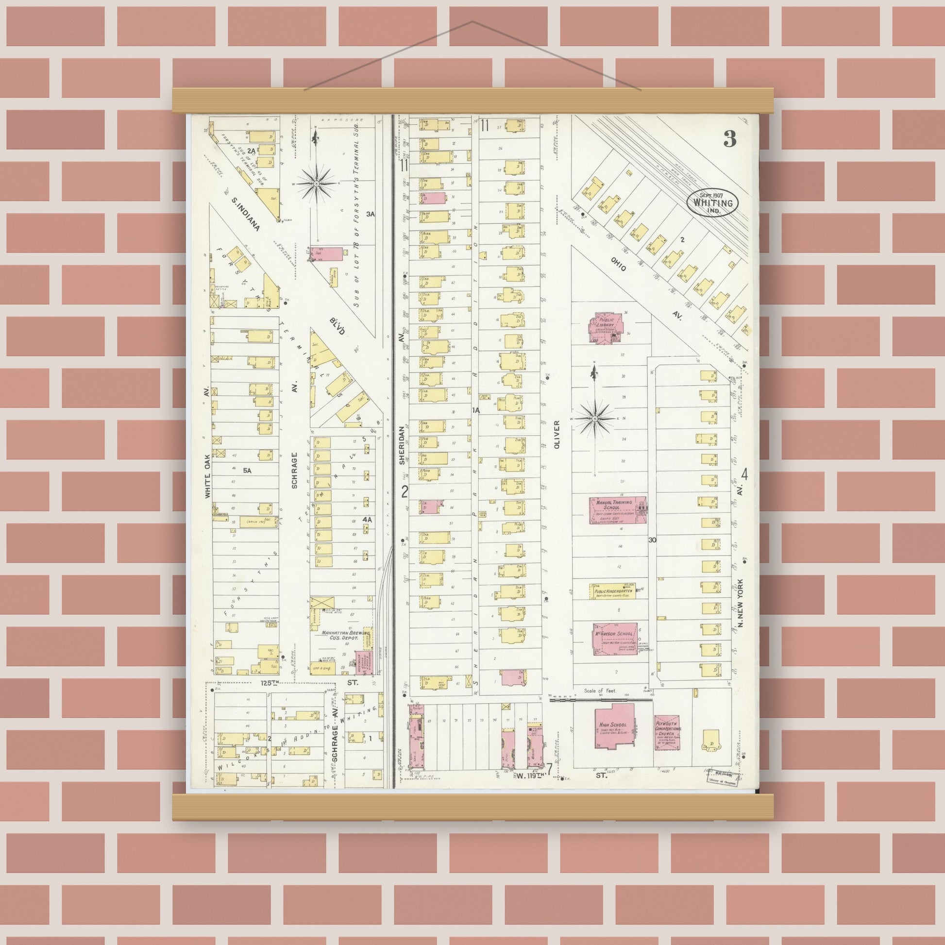 Old map wall art mockup — magnetic wood frame on brick wall — Sanborn Fire Insurance Map from Whiting, Lake County, Indiana (1907), Sheet #0003
