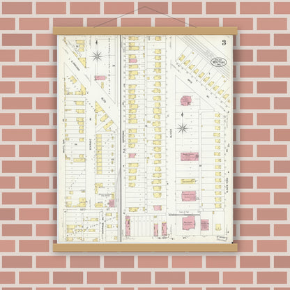 Old map wall art mockup — magnetic wood frame on brick wall — Sanborn Fire Insurance Map from Whiting, Lake County, Indiana (1907), Sheet #0003