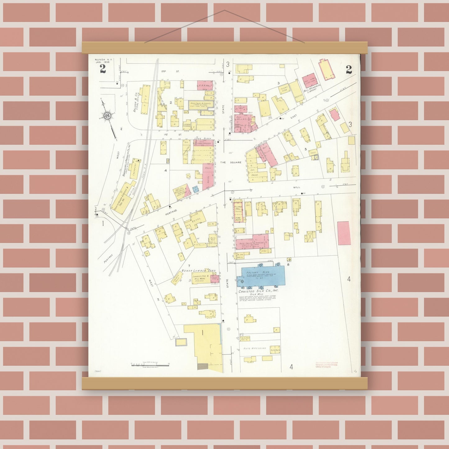 Old map wall art mockup — magnetic wood frame on brick wall — Sanborn Fire Insurance Map from Nunda, Livingston County, New York (1936), Sheet #0002
