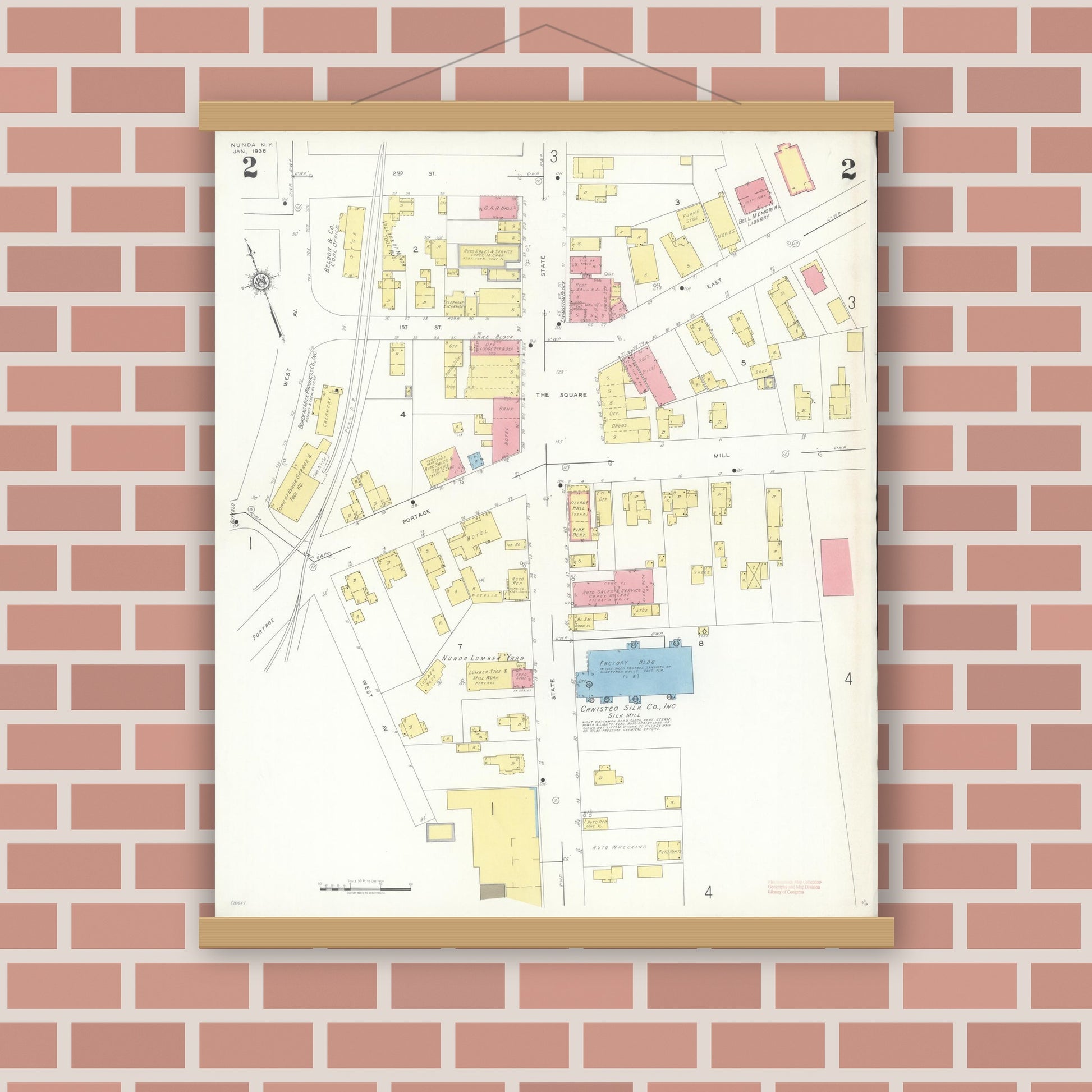 Old map wall art mockup — magnetic wood frame on brick wall — Sanborn Fire Insurance Map from Nunda, Livingston County, New York (1936), Sheet #0002