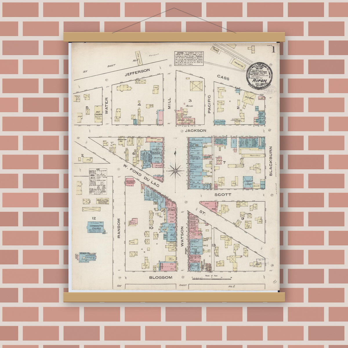 Old map wall art mockup — magnetic wood frame on brick wall — Sanborn Fire Insurance Map from Ripon, Fond du Lac County, Wisconsin (1884) - Complete Map Set